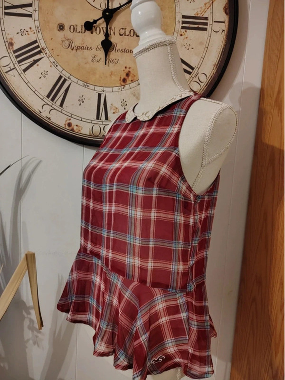 NWT Hollister Burgundy Plaid Sheer Top w/Collar Size S